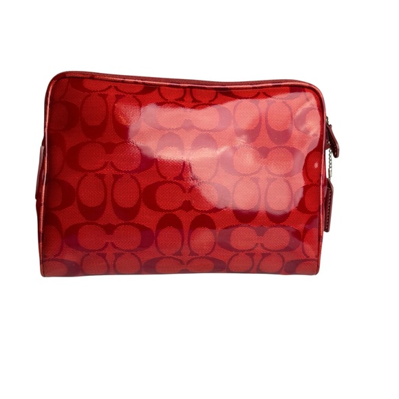 Coach Signature Red Patent Leather Accents Handbag Clutch Make up Case Women’s - Picture 8 of 17